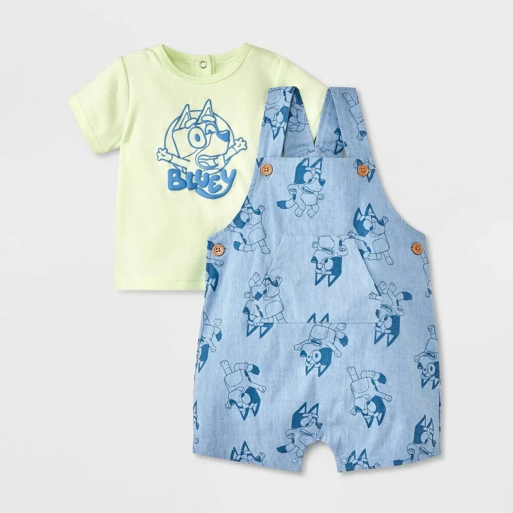 Bluey Newborn Boys' 2pc Chambray Overalls T-Shirt Set - Blue/Green